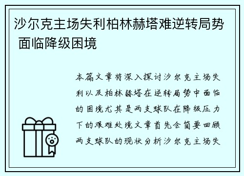 沙尔克主场失利柏林赫塔难逆转局势 面临降级困境