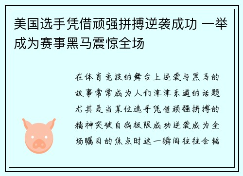 美国选手凭借顽强拼搏逆袭成功 一举成为赛事黑马震惊全场