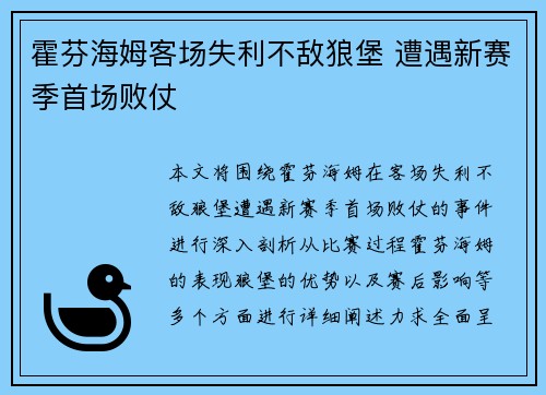 霍芬海姆客场失利不敌狼堡 遭遇新赛季首场败仗