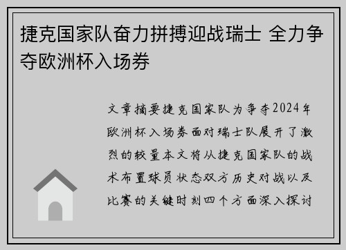 捷克国家队奋力拼搏迎战瑞士 全力争夺欧洲杯入场券