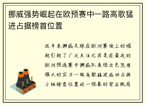 挪威强势崛起在欧预赛中一路高歌猛进占据榜首位置